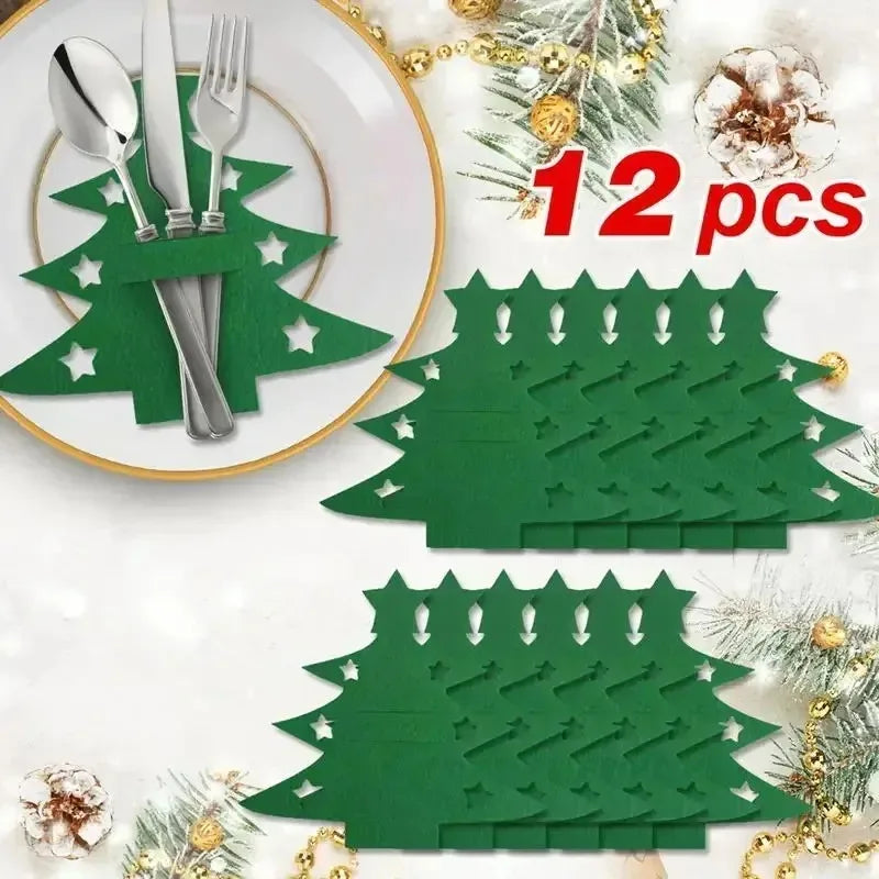 12pcs, Christmas Tree Placemats, Felt Fork and Spoon Bag Set, Suitable for Christmas and Other Holiday Party Table Decoration Peaceful Pleasures Health and Wellness green General