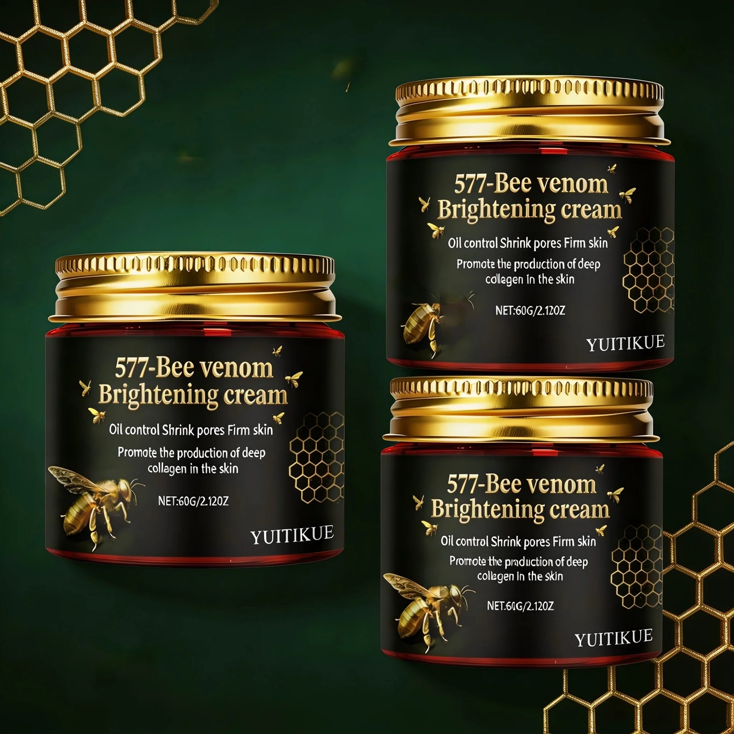 YUITIKUE 577 Bee Venom Brightening Cream 60g Oil Control, Pore Shrinking & Firming for Collagen Boost & Glowing Skin Peaceful Pleasures Health and Wellness 3pc