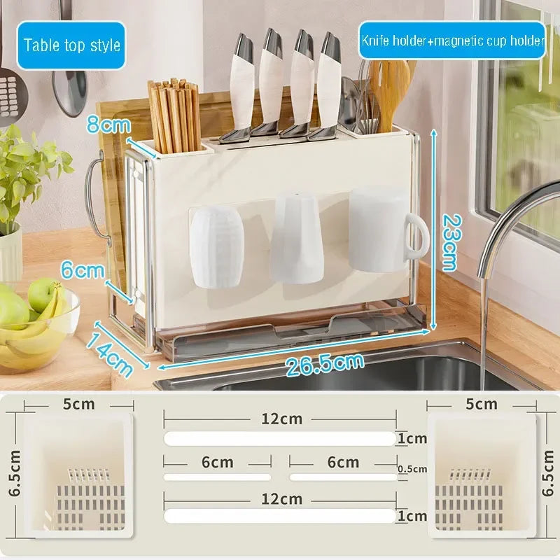 Simple Chopsticks Cutlery Bucket Knives Rack Pot Lid Cutting Board Storage Shelf Kitchen Multifunctional Rack With Drainage Tray Peaceful Pleasures Health and Wellness style 2