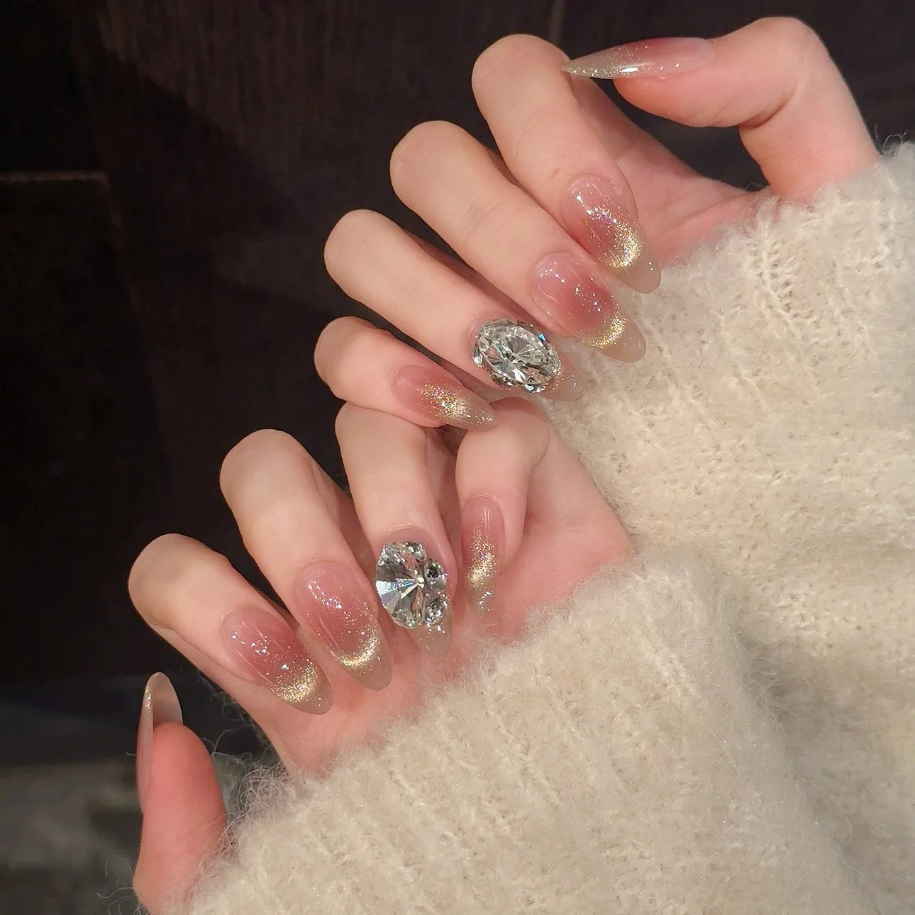 Handmade Press on Nails Sweet Shiny French Cat Eye Fake Nails with Large Diamond Wearable Full Cover Glitter Fashion Fake Nails Peaceful Pleasures Health and Wellness Mid L