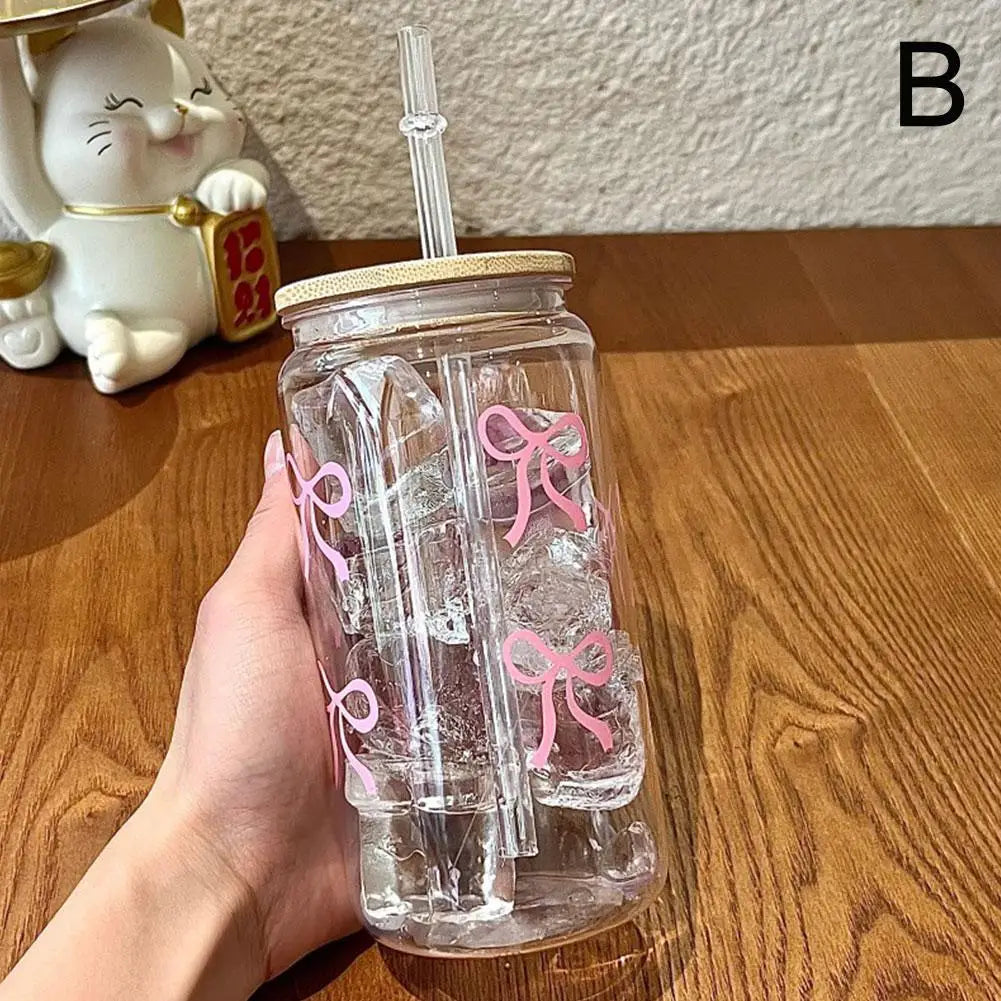 Pink Bow Transparent Plastic Tumbler with Straw | Hot & Cold
