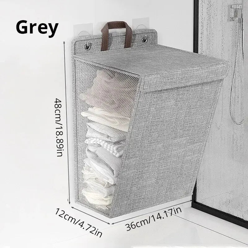 1pc Foldable Adhesive Laundry Basket Hamper, Multifunctional Punch Free Wall Hanging Washing Clothes Mesh Hook Organizer Peaceful Pleasures Health and Wellness 1pc Gray Medium