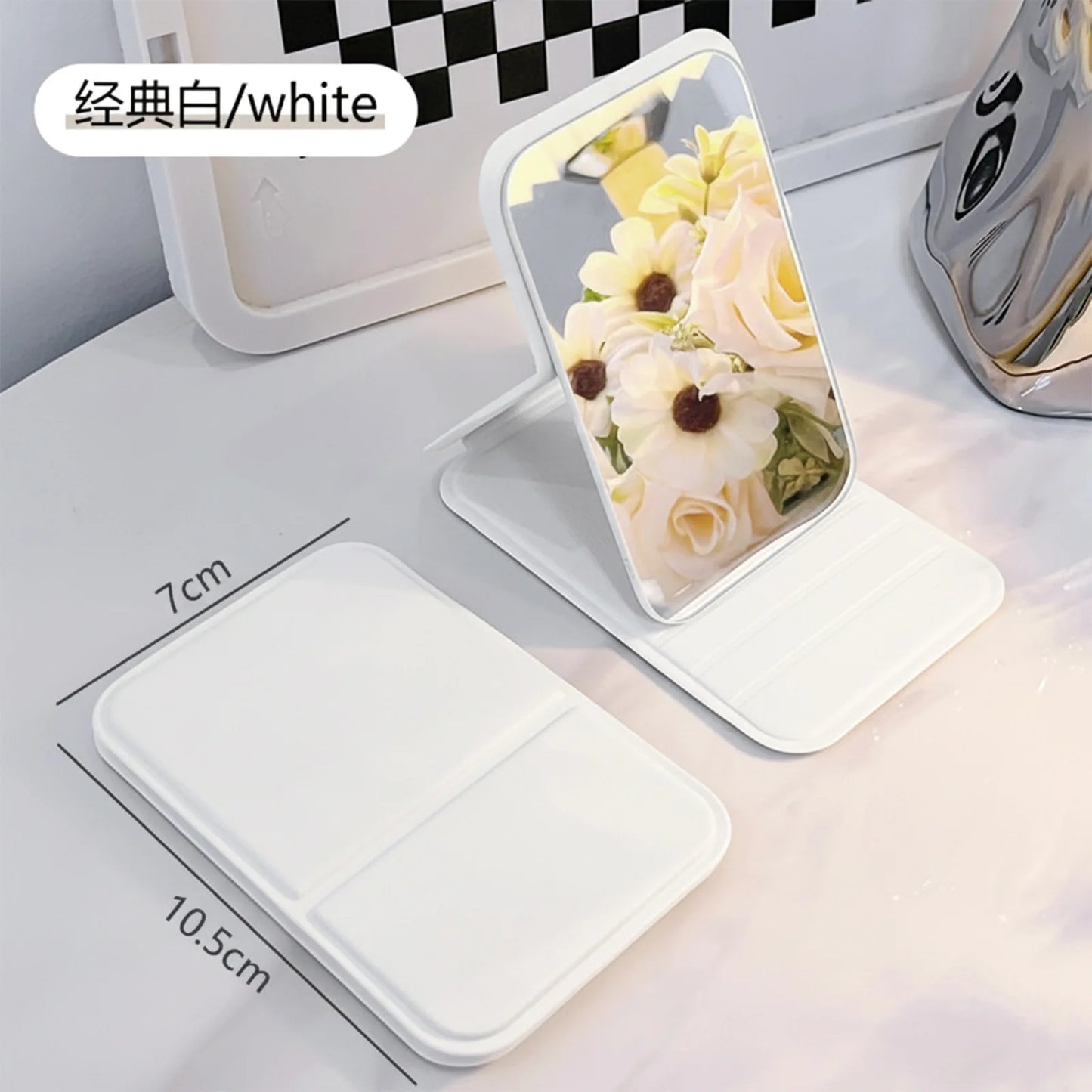 Small Makeup Mirror Portable Folding Girls' Touch-up Mirror Creative High-definition Desktop Standing Mini Portable Small Mirror Peaceful Pleasures Health and Wellness White-1pcs