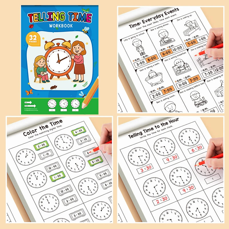 Telling Time Workbook Kids 32 Pages Learn Tell Activity Book Practice