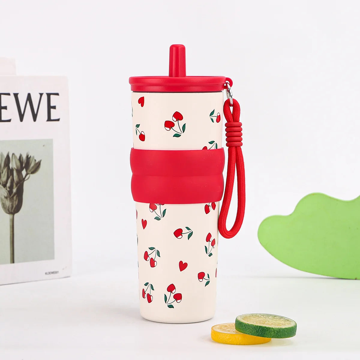 2026 Hot 710ML Printed Bow Vacuum Cup Insulation Or Cooling Stainless Steel Cup With Lifting Rope High-Capacity Insulated Cup Peaceful Pleasures Health and Wellness 710ml Red