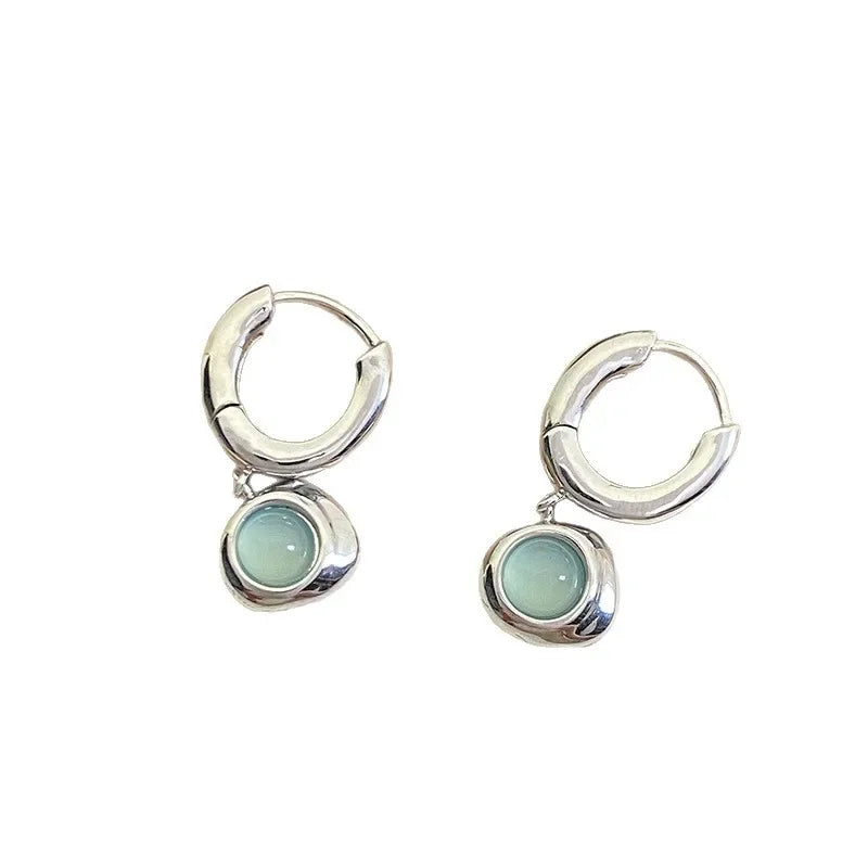 Mint Green Cat's Eye Stone Pendant Ear Buckles with Cool Light Luxury High-end Feel Earrings Retro Exquisite and Simple Earrings Peaceful Pleasures Health and Wellness
