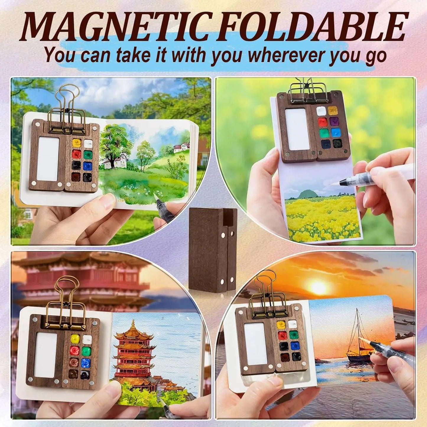 Mini Portable Watercolor Set – 8-Compartment Wooden Palette Kit