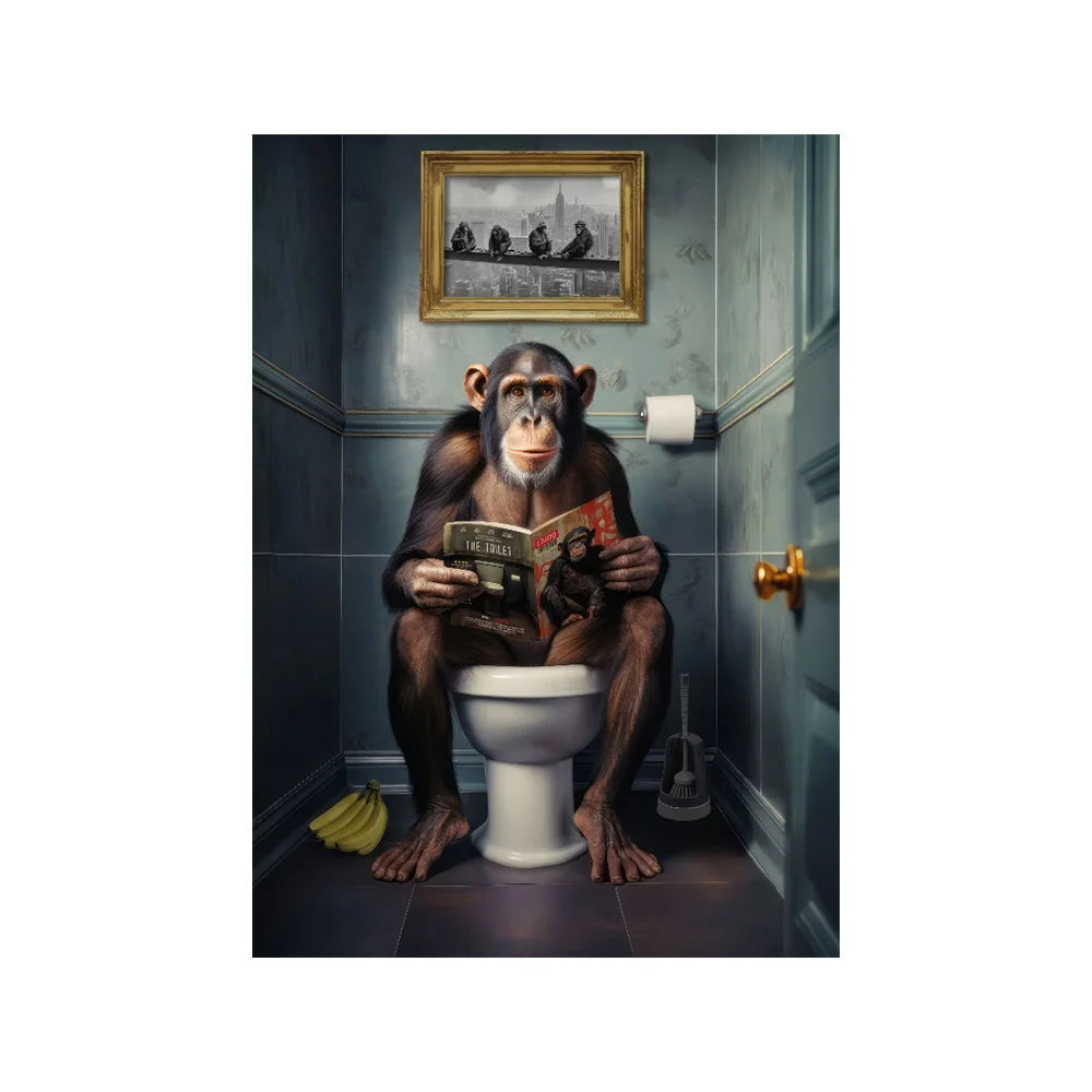 Funny Monkey & Giraffe Toilet Canvas Wall Art | Animal Print