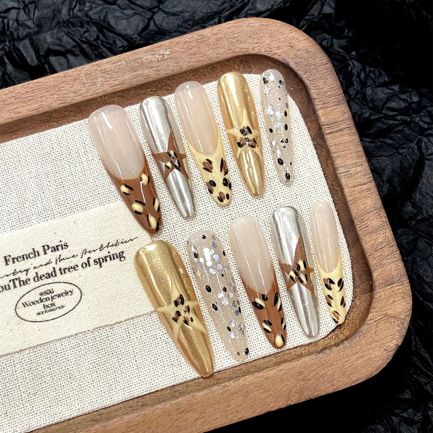 10pcs Handmade Ins Style Press on Nails Gold Stars Decor Y2K Fake Nail Almond Tips Wearable 3D French Leopard False Nails Long Peaceful Pleasures Health and Wellness XS