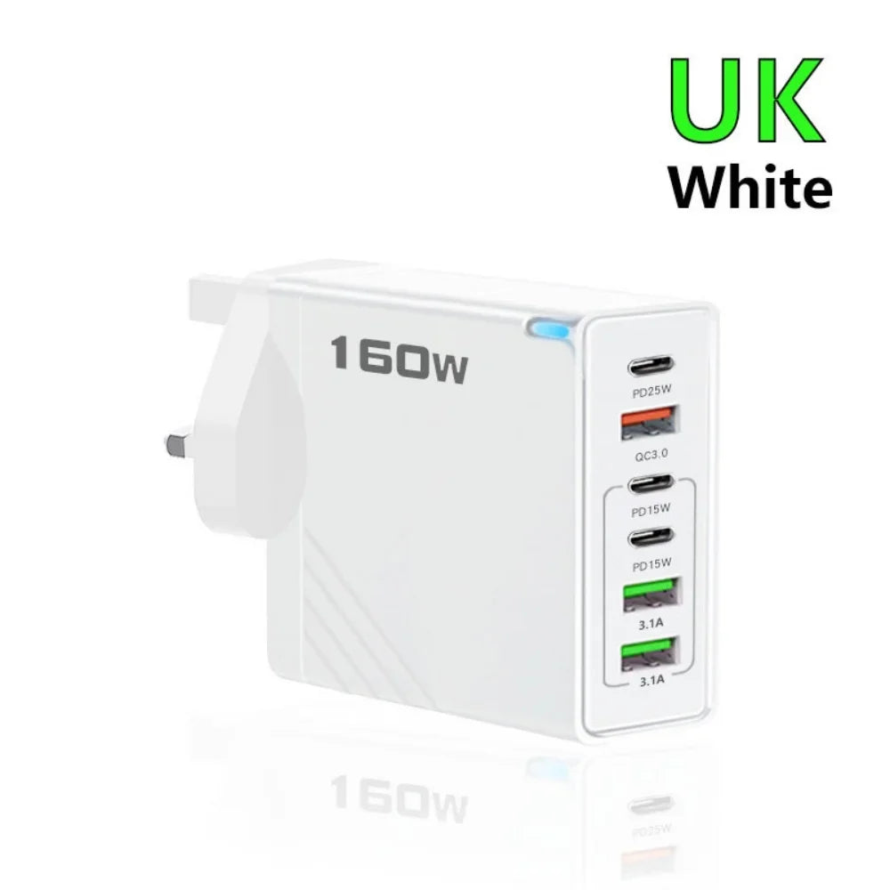 160W 6-Port USB-C Fast Charger | EU US UK Wall Adapter