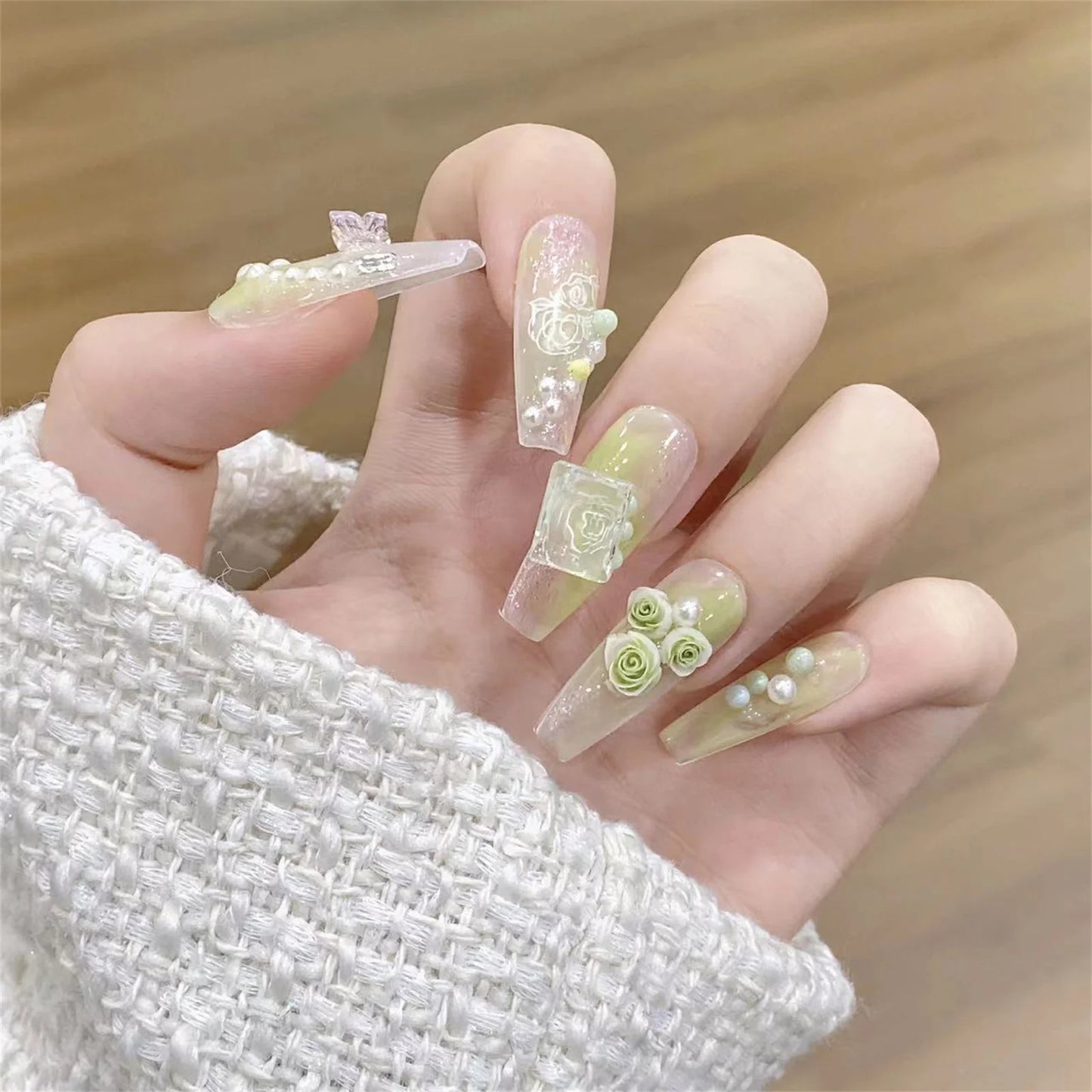 3D Rose Aurora Butterfly Press On Nails – 10pc Clear Green Set