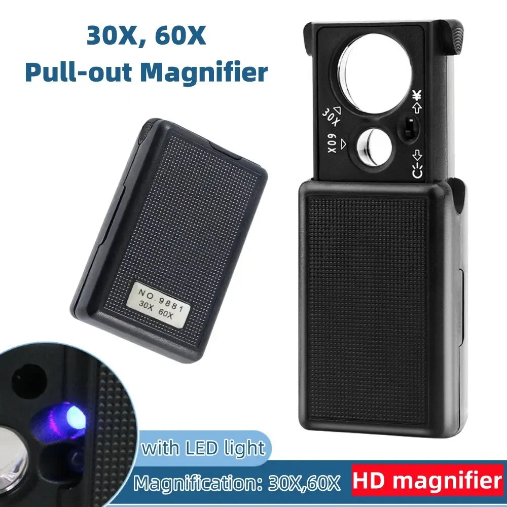 Portable Handheld Jewelry Magnifying Glass 30X 60X with UV Light and 12 LED for Watch Repair Currency Detection and Reading Peaceful Pleasures Health and Wellness