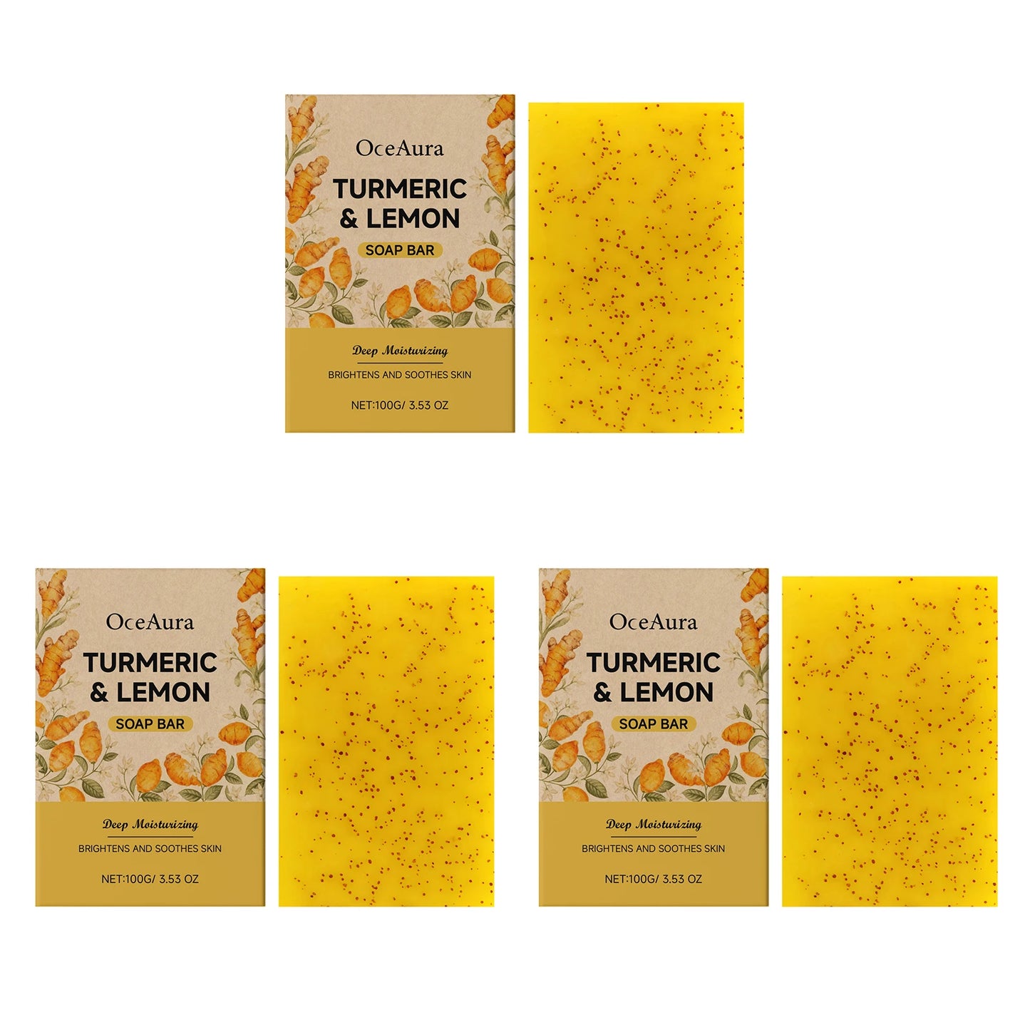 Turmeric Lemon Brightening Soap Bar Exfoliating Deep Cleansing Moisturizing Repair Smoothing Refreshing Lightening Handmade Soap Peaceful Pleasures Health and Wellness 300g boxed