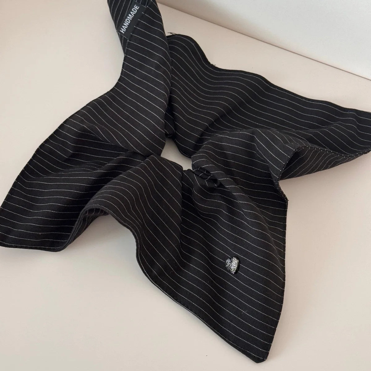 New Korean Stripe Polka Dot Metal Heart Hair Tie Elegant High Grade Square Scarf Large Hair Scrunchie Ponytail Holder Accessory Peaceful Pleasures Health and Wellness Black square
