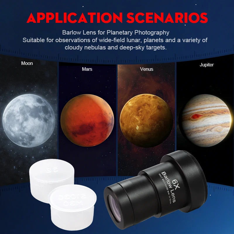 Telescope Barlow Lens 6X 1.25inch (3.17cm) Telescope Accessories All-Metal Multi-Coated Broadband Green Film Achromatic Optical Lens Suitable for Astronomy Eyepieces Peaceful Pleasures Health and Wellness