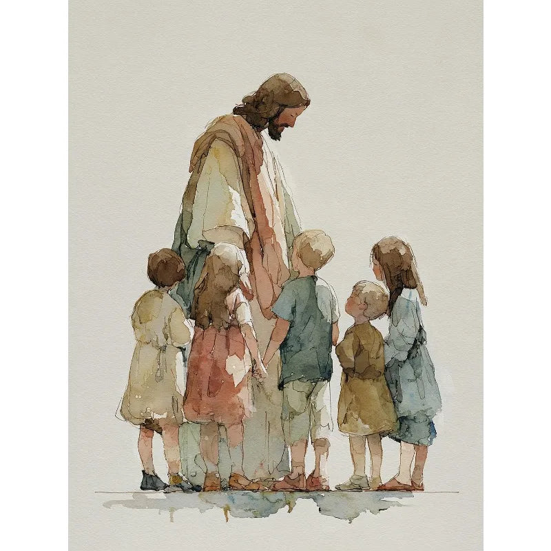 Retro Watercolor Jesus with Children Portrait Christian Religious Poster Canvas Painting Wall Art Pictures Home Decor Gift Peaceful Pleasures Health and Wellness 2 30x40cm