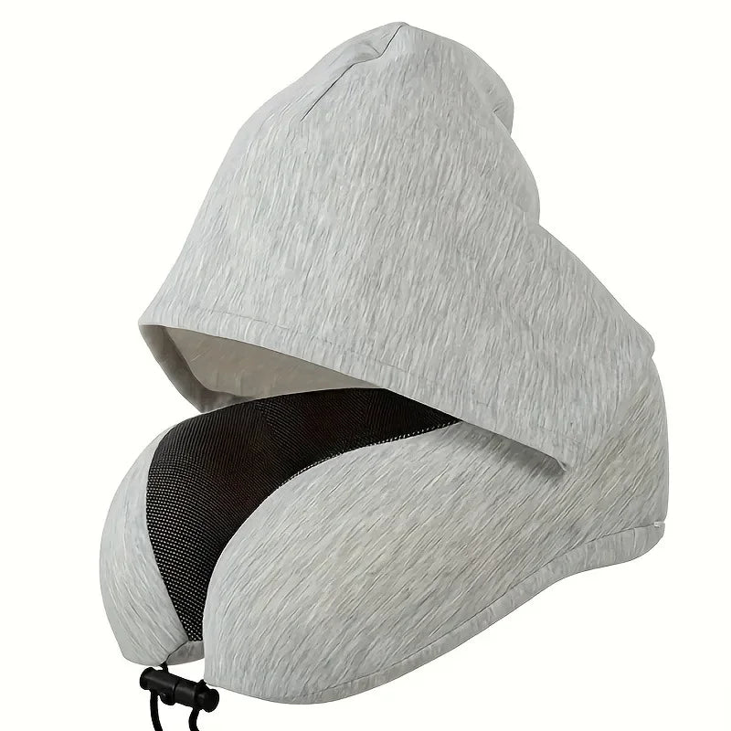Memory Foam Hooded U-Shaped Travel Pillow with Detachable Cover Portable Neck Support for Airplane Office Nap Car and Home Use Peaceful Pleasures Health and Wellness Grey 25x23x15cm