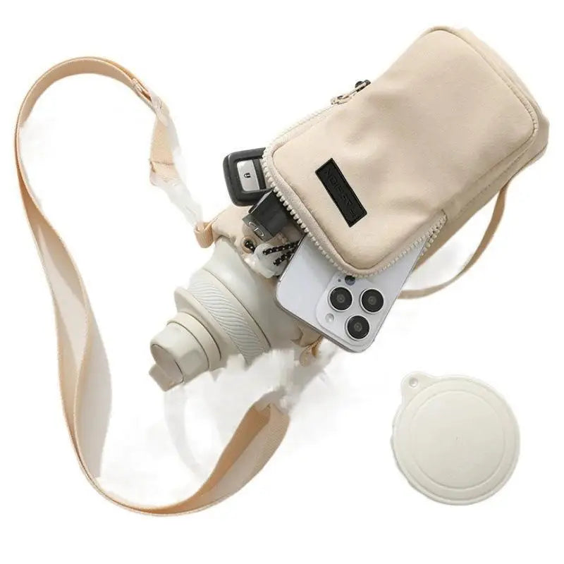 Insulated Water Bottle Carrier Bag with Adjustable Strap Unisex Portable Tear Resistant Water Bottle Pouch for Hiking Peaceful Pleasures Health and Wellness Beige