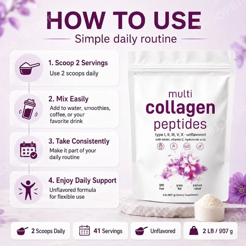 Multi Collagen Peptides Types I II III V X | Biotin, Vitamin C, HA