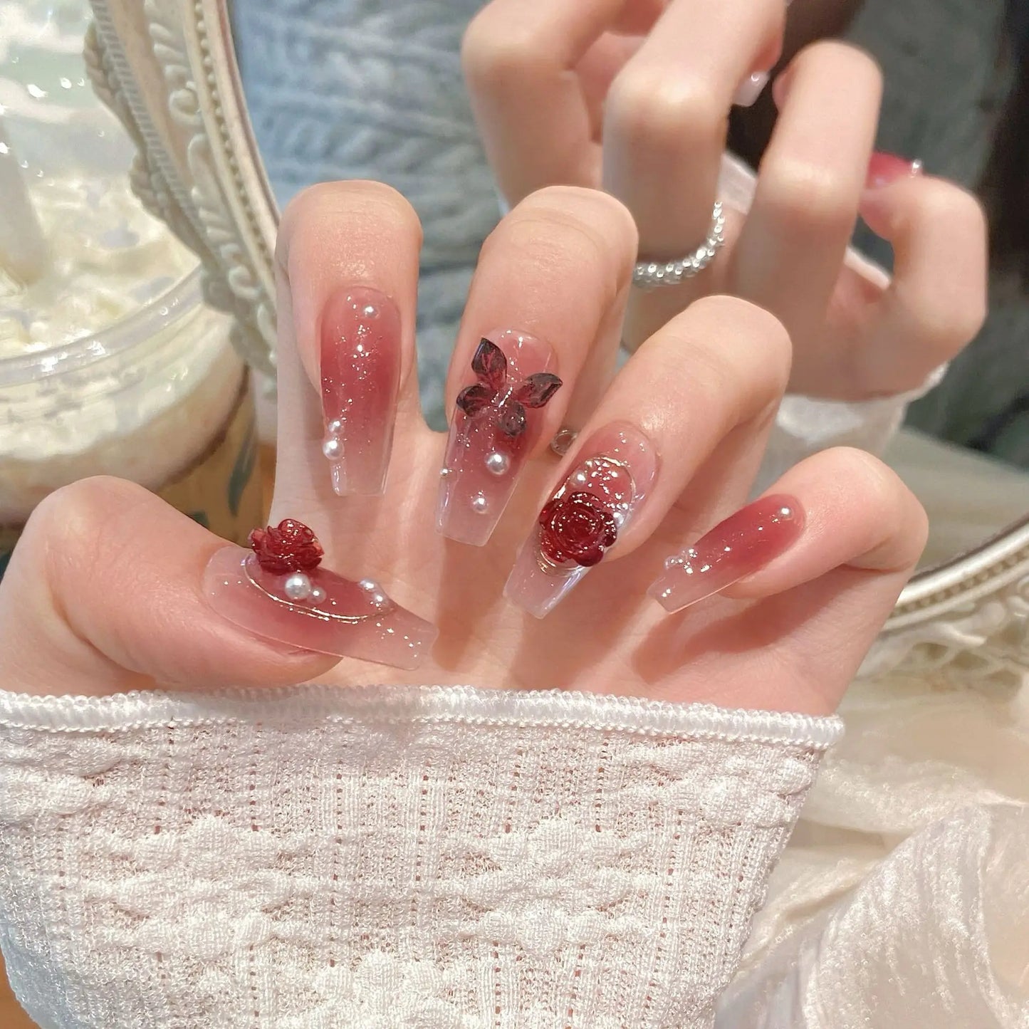 3D Butterfly Pearl Rose Press On Nails | Korean False Nails