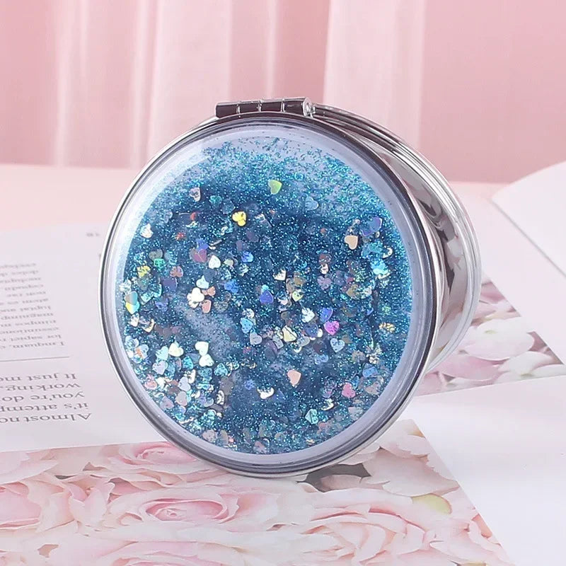 Portable Double-Sided Folding Cosmetic Mirror Female Gifts With Flowing Sparkling Sand Mini Makeup Mirror Compact Pocket Mirrors Peaceful Pleasures Health and Wellness SKY BLUE