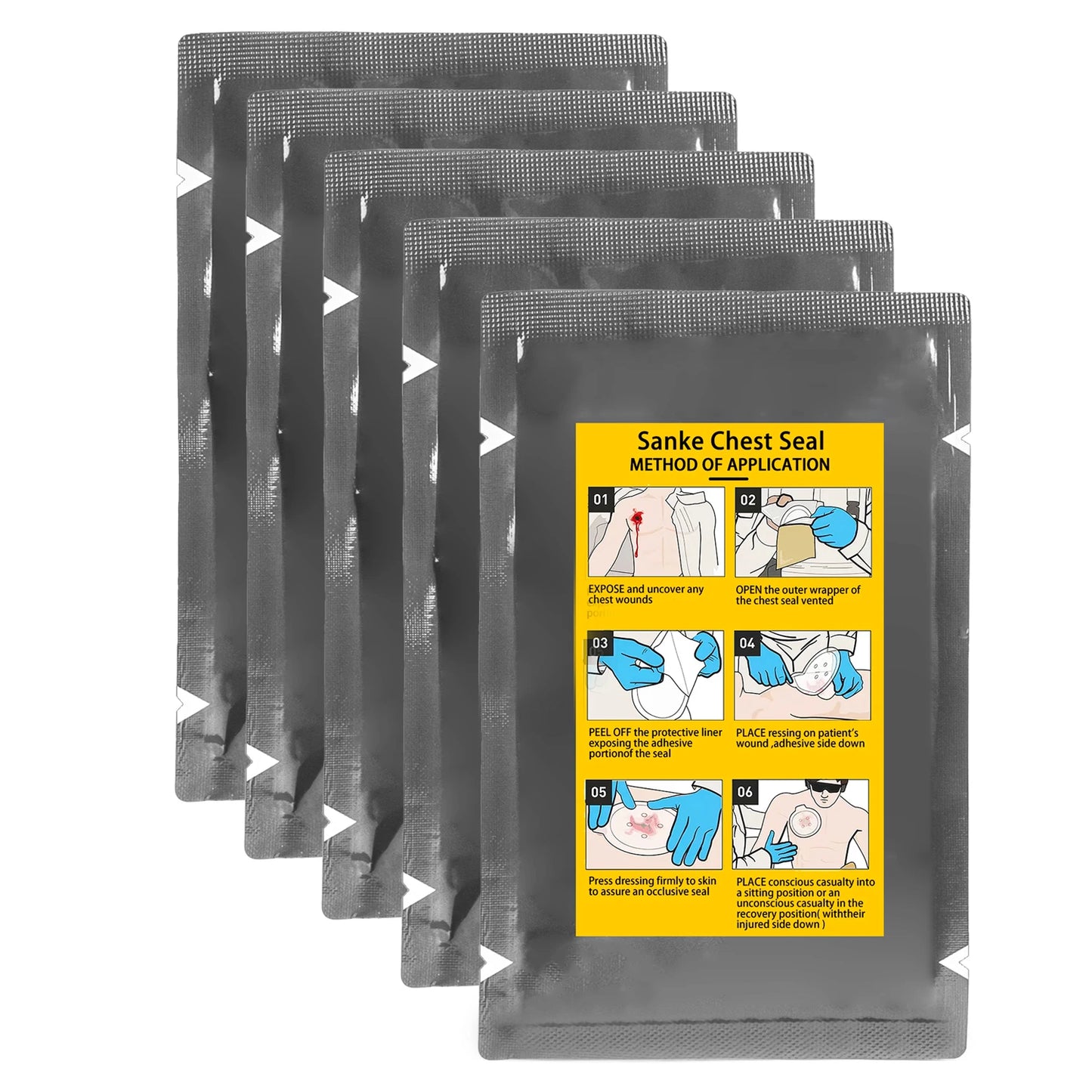 SANKE RESCUE Vent Chest Seal Military Trauma Dressing First Aid Kit Sterile Wound Care Ifak Refill Kit Occlusion band-aid Peaceful Pleasures Health and Wellness 5 pcs