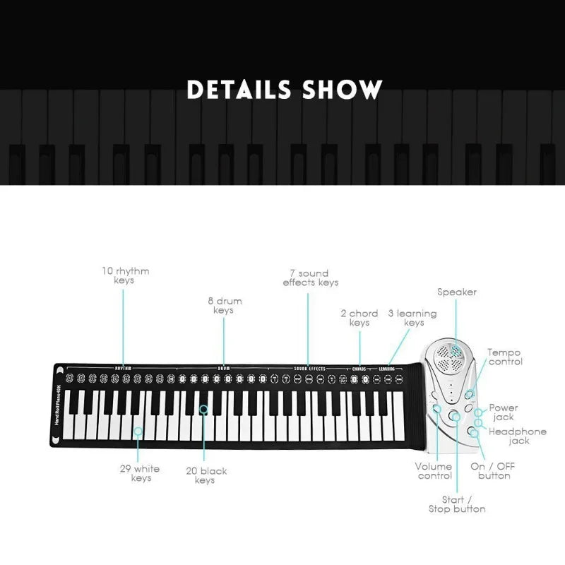 Portable 49-Key Hand Roll Piano Flexible Silicone Up Folding