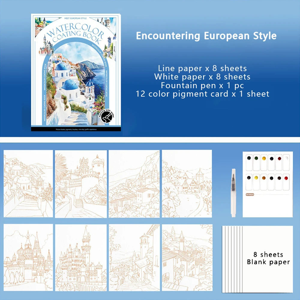 Travel Watercolor Painting Tri-fold Book Built-in 12 Colors Stress
