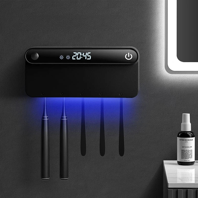 Smart UV Toothbrush Holder Sterilizer LED Timing Disinfection Toothpaste Squeezer Dispenser Bathroom Accessories Set Peaceful Pleasures Health and Wellness Black