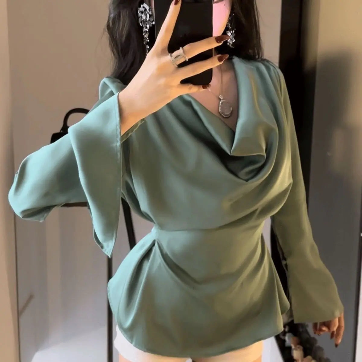 Women's Satin Flare Sleeve Blouse – Elegant Office Tunic Top