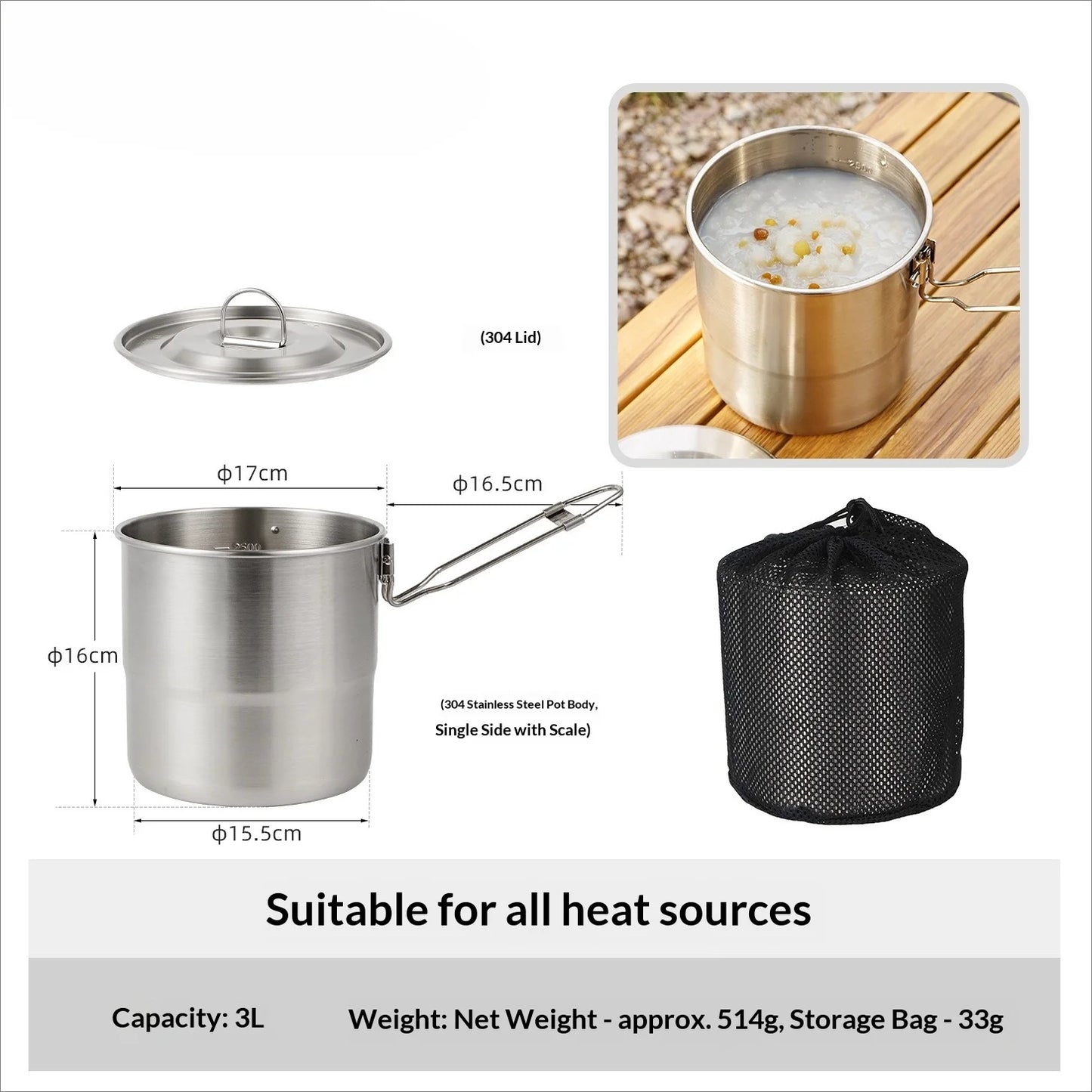 New Stainless Steel Micro-Pressure Camping Pot Home Outdoor Foldable Portable Cooking Pot with Lid, Compatible with Most Stoves Peaceful Pleasures Health and Wellness Handle style