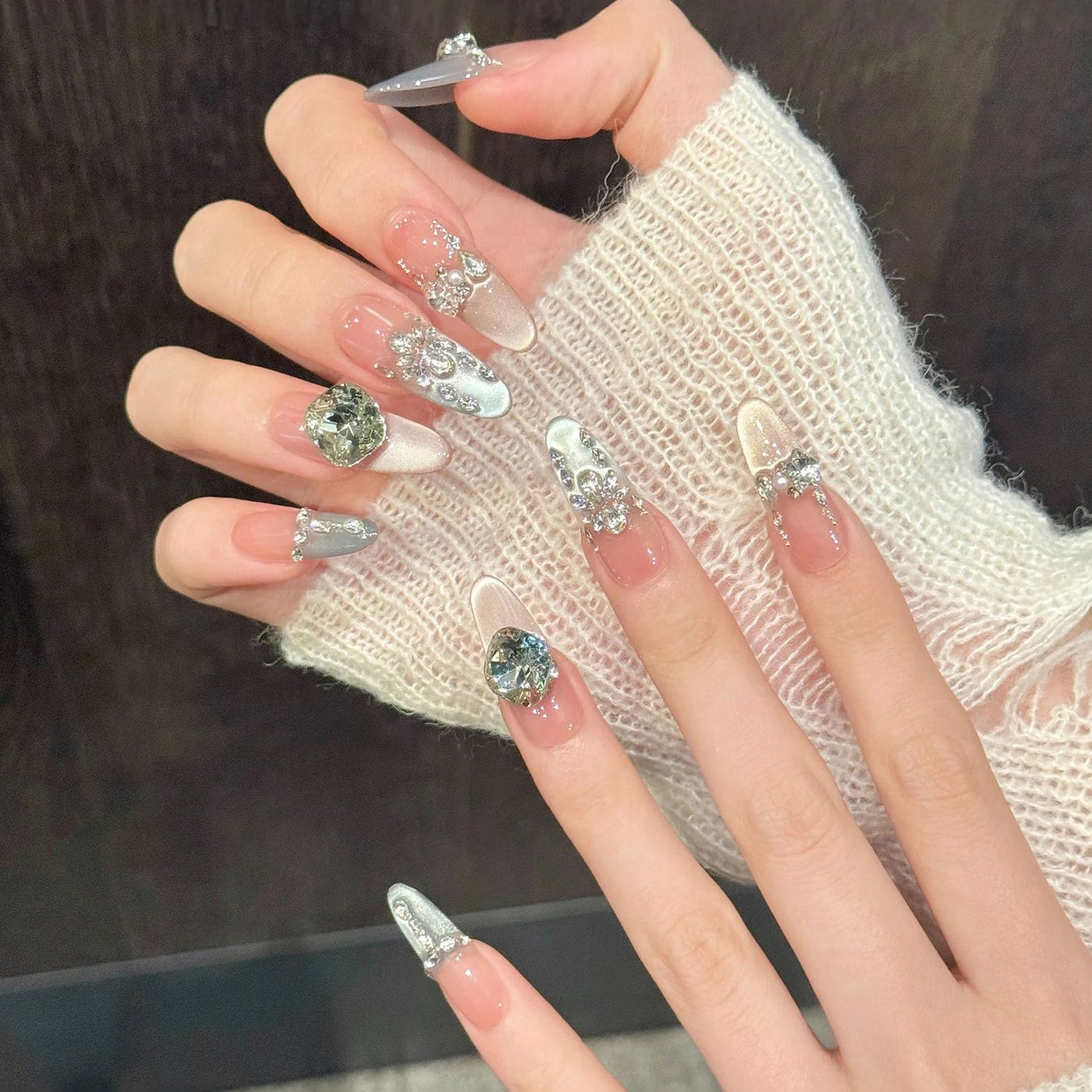 Aurora Cat's Eye Press On Nails | K9 Diamond French Tips 10pc