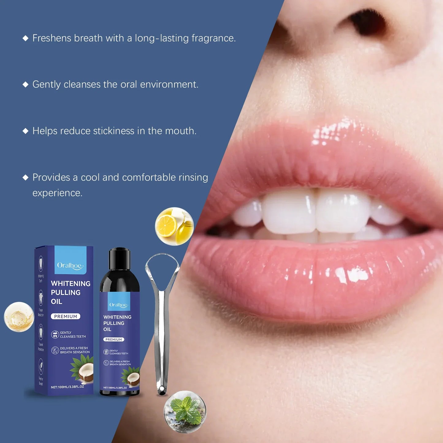 Oralhoe Coconut Oil Pulling Mouthwash & Tongue Scraper 100ml