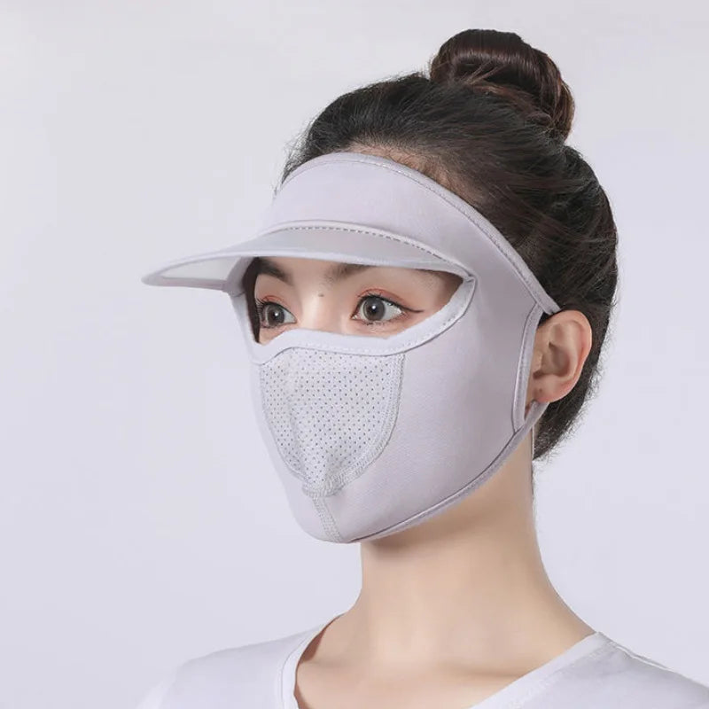Ice Silk Mask for Outdoor Cycling UV Protection Breathable Face Cover with Brim Quick-drying Hanging Ear Headband Hat Mask Peaceful Pleasures Health and Wellness gray