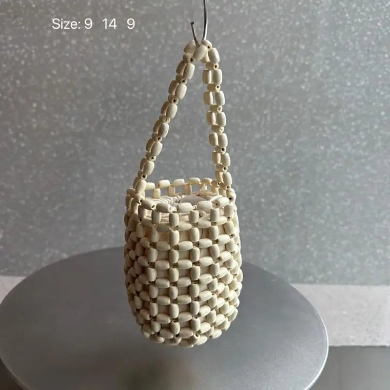 Handmade Wood Bead Mini Bucket Bag – Boho Wrist Purse
