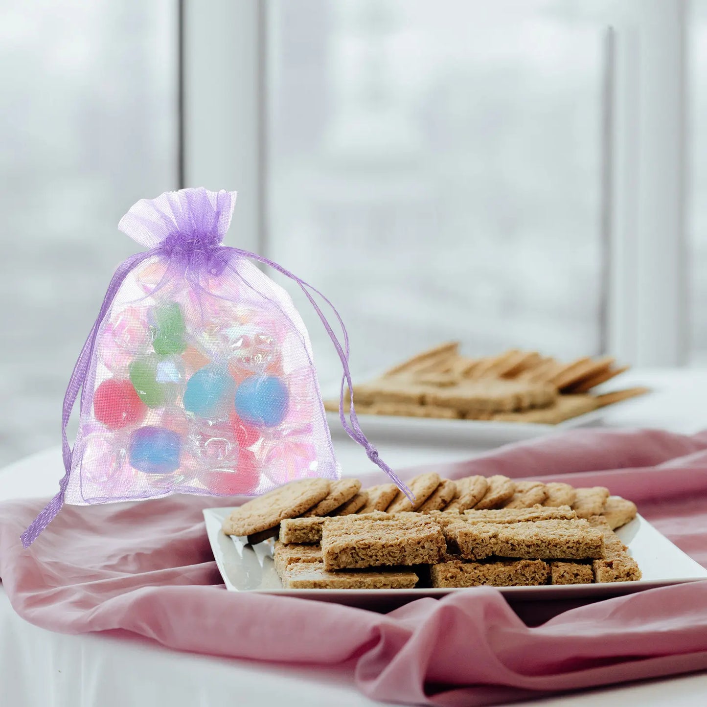 50 Pcs Gift Bag Jewelry Packaging Pouches Drawstring Bags Small Sachets for Business Sheer Organza Peaceful Pleasures Health and Wellness