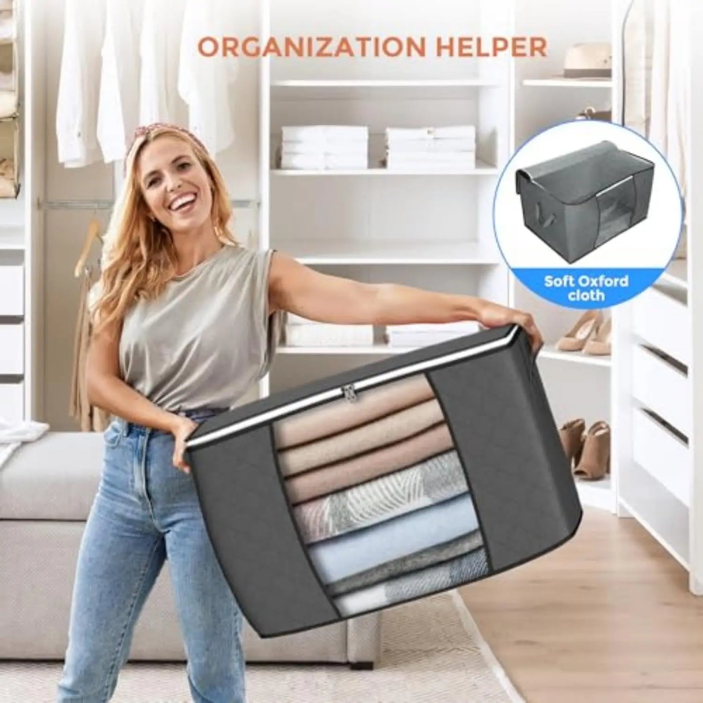 90L Foldable Storage Bags 6-Pack – Reinforced Handle for Clothes & Blankets, Gray Storage Bag Peaceful Pleasures Health and Wellness