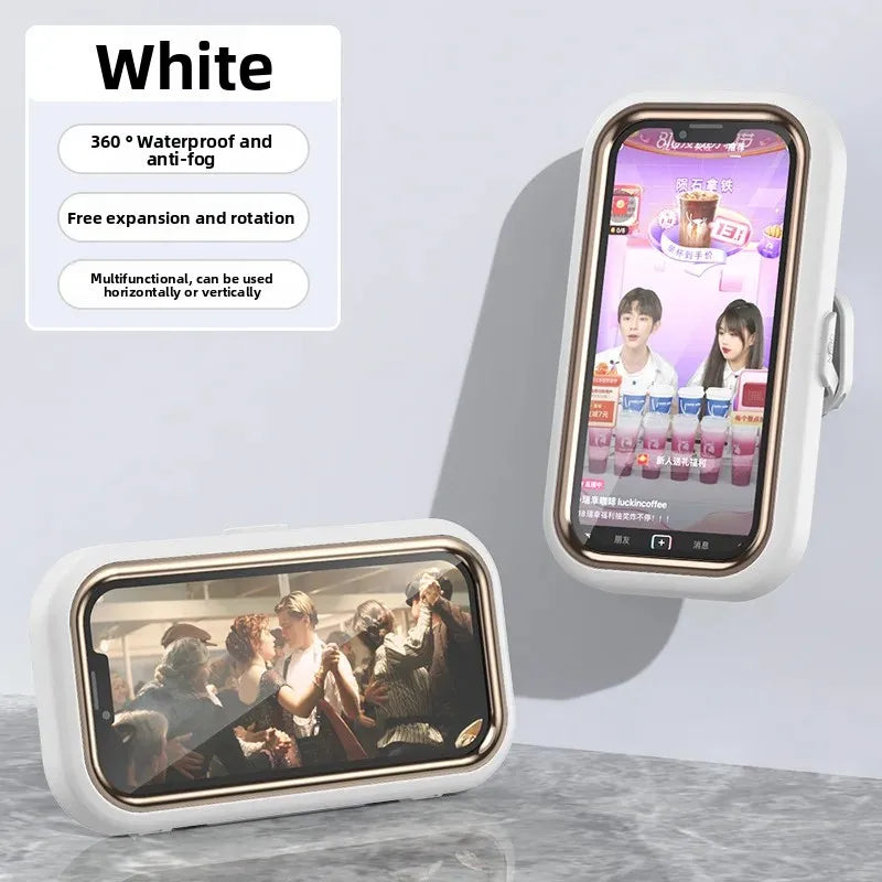 Waterproof mobile phone box with 360° rotation punch free bathing artifact anti fog mobile phone box for kitchen wall waterproof Peaceful Pleasures Health and Wellness White