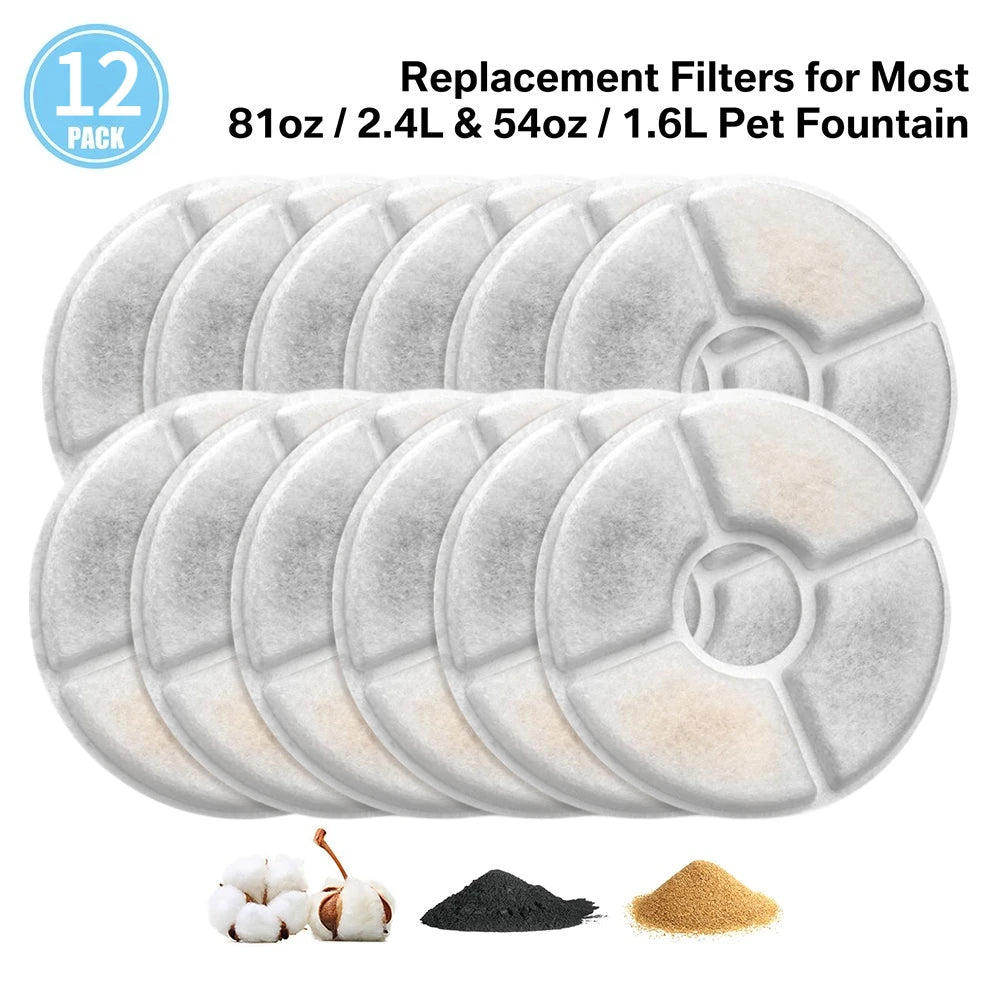 Cat Water Fountain Filters for 1.6-2.4L Cat Water Fountain Replacement Pet Filter with Acticated Carbon and Coconut Shell Cotton Peaceful Pleasures Health and Wellness 12Pcs