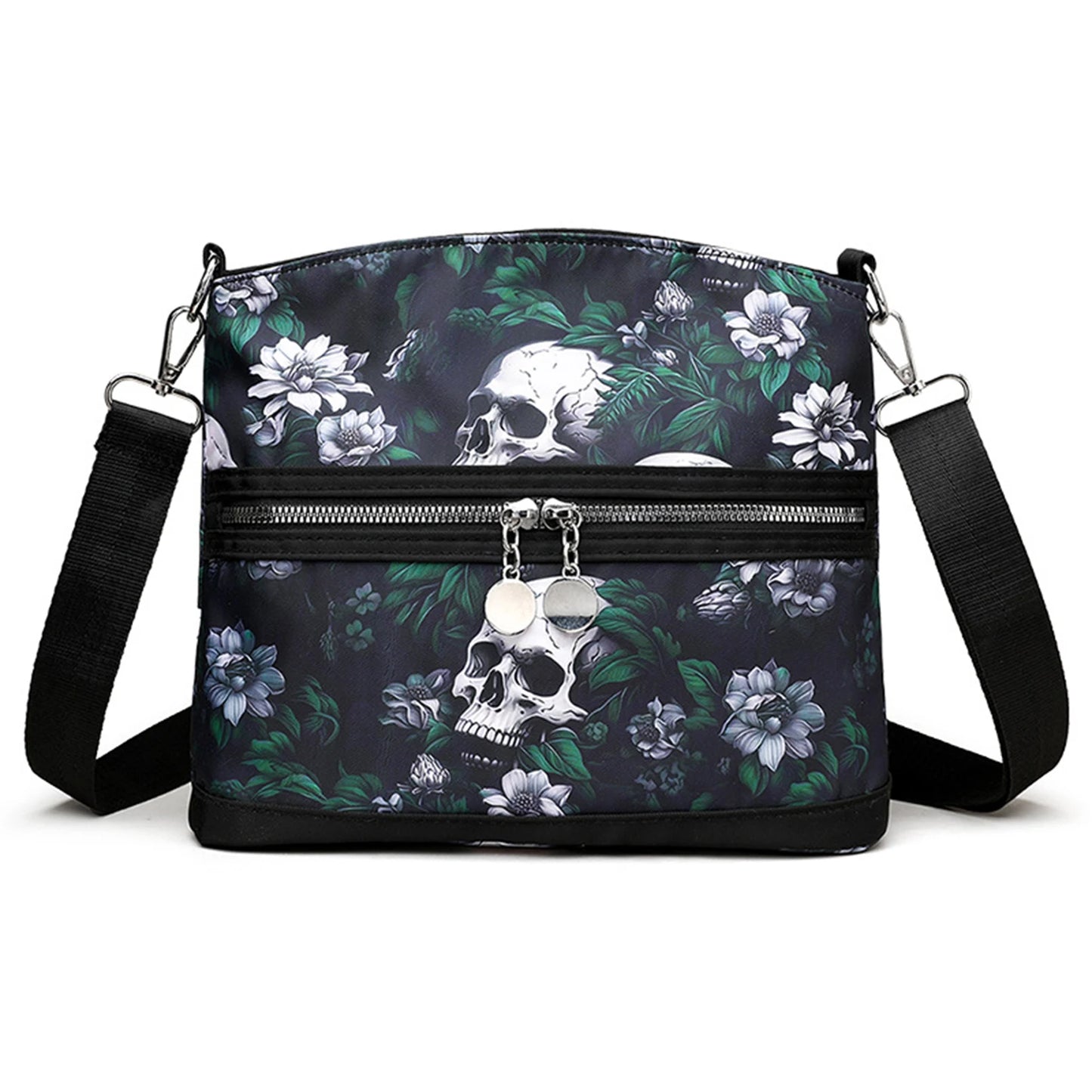 Skull Graphic Crossbody Purse for Women Commuter Multi Pocket Everyday Crossbody Bag Stylish Spacious Shoulder Ladies Purse Peaceful Pleasures Health and Wellness green
