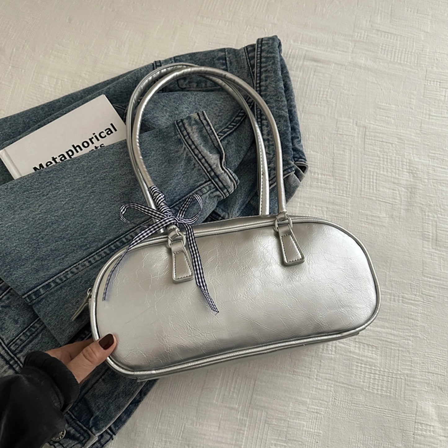 Simple Female Shoulder Bag Korean Version Fashion Bowknot Design Handbag Exquisite Gift for Ladies Birthday Peaceful Pleasures Health and Wellness Silver