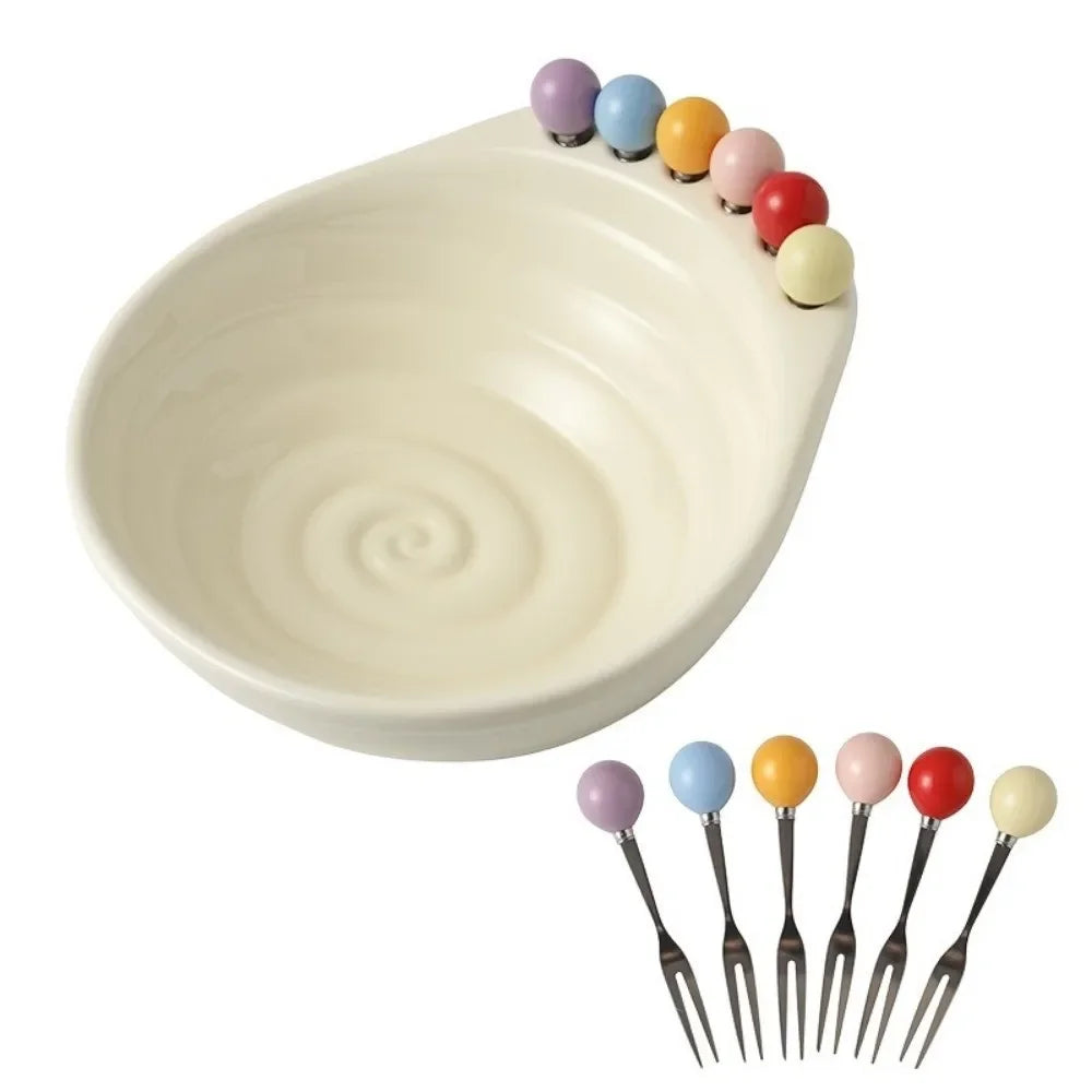 Decoration Fruit Bowl with Fork Large Capacity Geometric Pattern Fruit Serving Plate With Fruit Fork ABS Snack Plate Peaceful Pleasures Health and Wellness WHITE