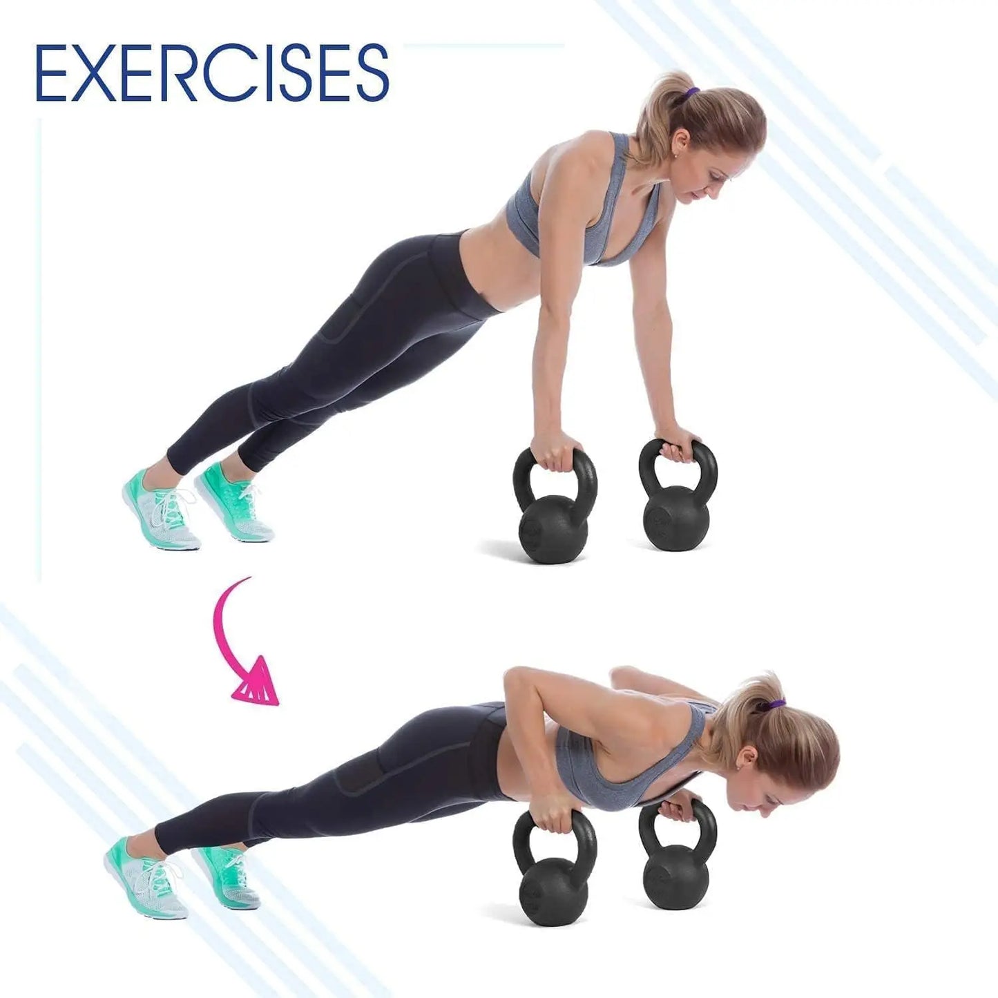 Woman performing push-ups with kettlebells on a white background