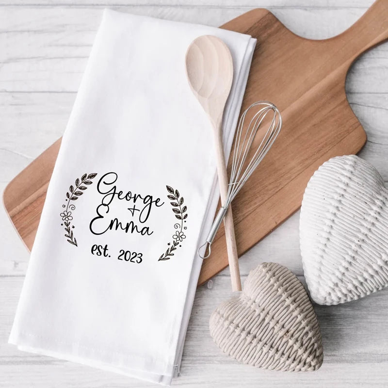 Personalised Couple Name & Date Cotton Tea Towel | Wedding Gift Personalised Tea Towel Peaceful Pleasures Health and Wellness