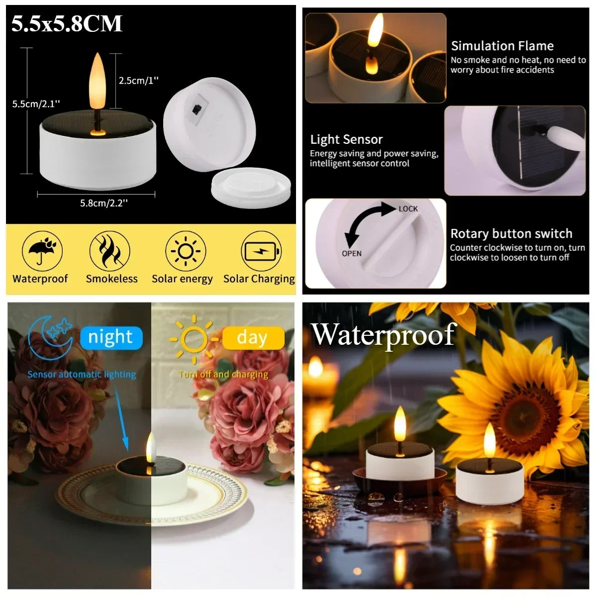 6Pcs Solar Candles Waterproof Dusk to Dawn Outdoor Lighting Reusable LED Tea Light Candles for Lantern Garden Camping Home Decor Peaceful Pleasures Health and Wellness