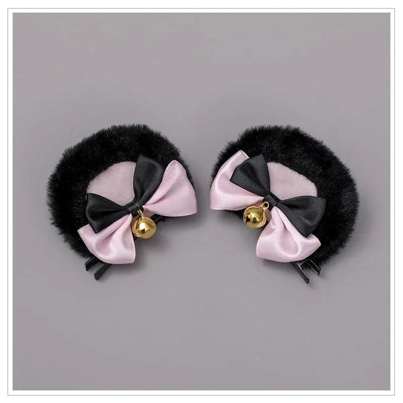 Animal Ear Hairpins Fashion Creative Hair Accessories Double Bowknot Bell Bear Ear Clips Lolita Kawaii Cosplay Barrette Decor Peaceful Pleasures Health and Wellness E One Size