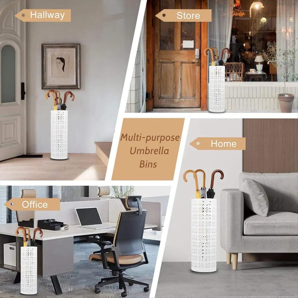 White Metal Umbrella Stand – Circular Freestanding Entryway Peaceful Pleasures Health and Wellness