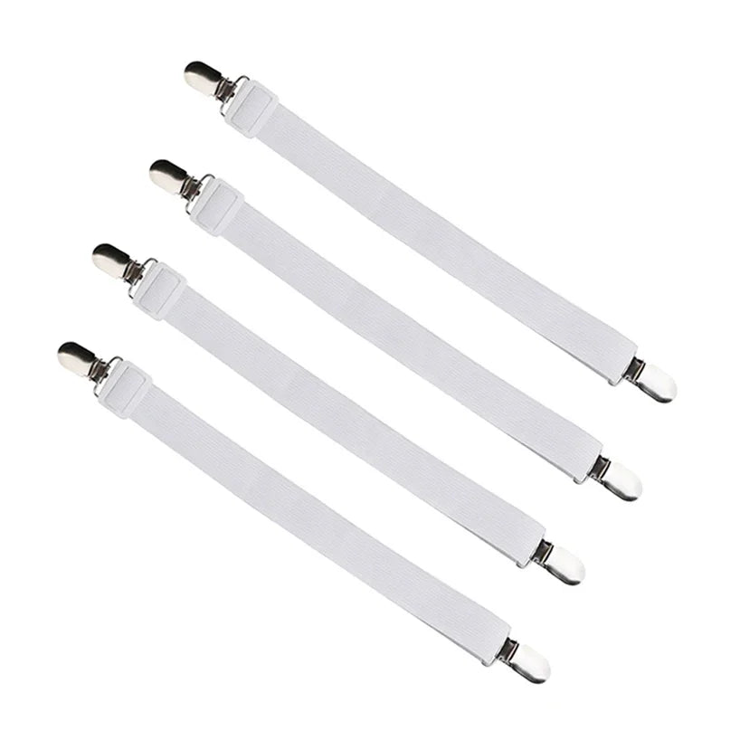 4pcs Adjustable Bed Sheet Fasteners Straps Elastic Mattress Cover Corner Holder Clip Grippers Suspender Cord Hook Loop Clasps Peaceful Pleasures Health and Wellness White