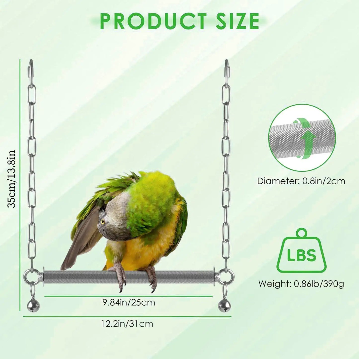 Stainless Steel Bird Swing Perch with Bell | Large Cage Toy Bird Cage Swing Peaceful Pleasures Health and Wellness
