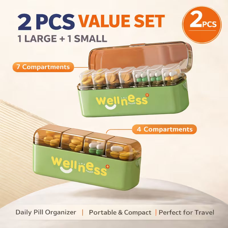 Two green pill organizers with 'Wellness' branding on a beige background